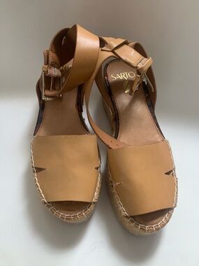 Franco Sarto Cognac Leather Espadrille Wedge Sandals